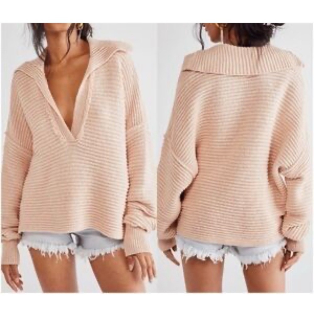 Free People Marlie Sweater Womens L Peach Ribbed V-Neck Oversized Boho Pullover